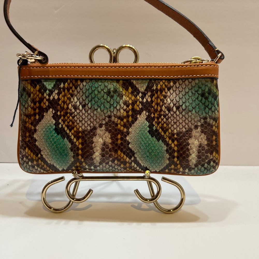 Dooney & Bourke Tan and Green Snake Print Clutch - Picture 2 of 13